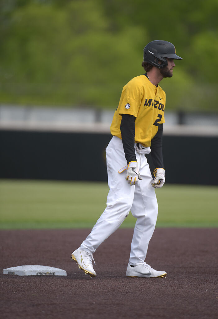 Brandt Belk takes a step off of the base on Saturday in Columbia.